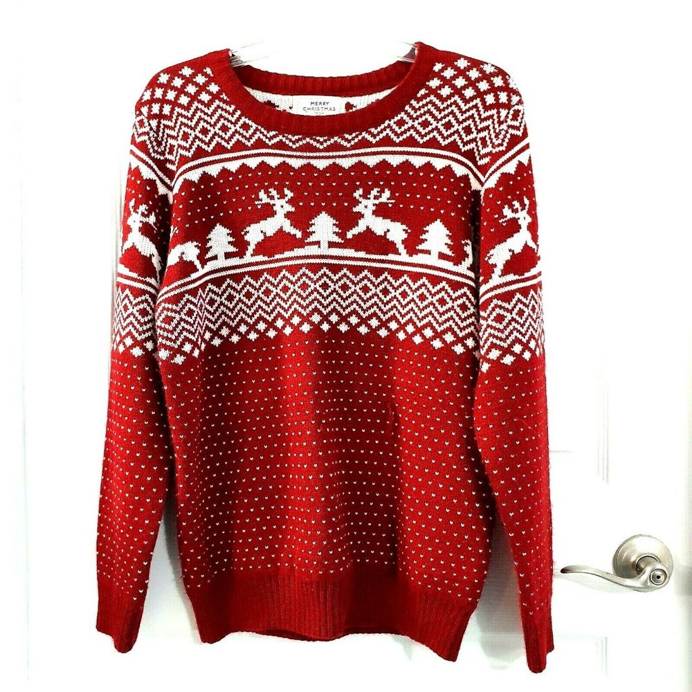 MERRY CHRISTMAS XL Red White Reindeer Sweater FLAW